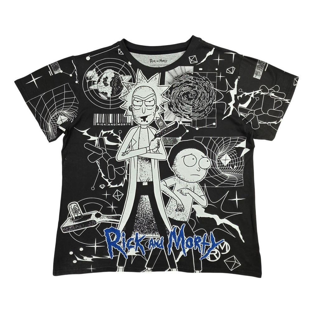 Rick and Morty All Over Print Graphic T-Shirt Black Embroidered Logo XL NEW